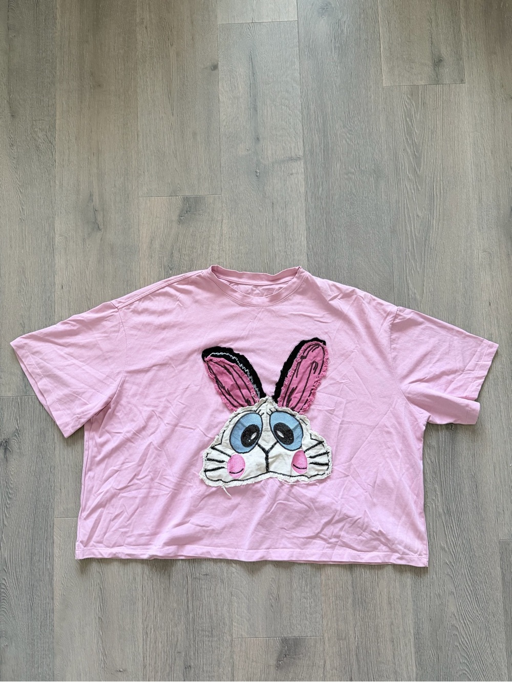 Pink Oversized Sequin Bunny Patch Boxy Graphic Tee Top 💖✨